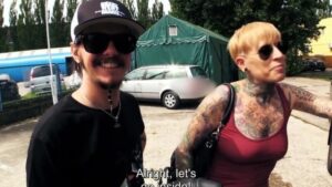 Tattooed german milf Lady Kinky Cat eats jizz in steamy bus sex